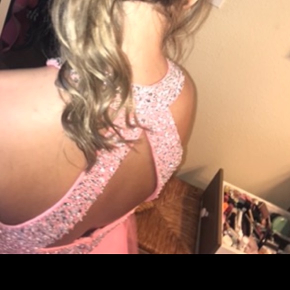 Formal prom dress is size 8 neon coral orange peach with open back. 2 piece - Picture 9 of 16